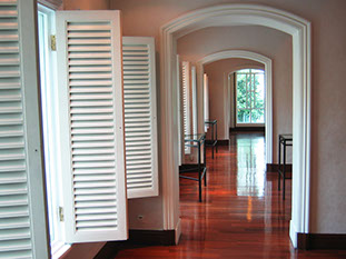 Wooden trimwork around windows and doors